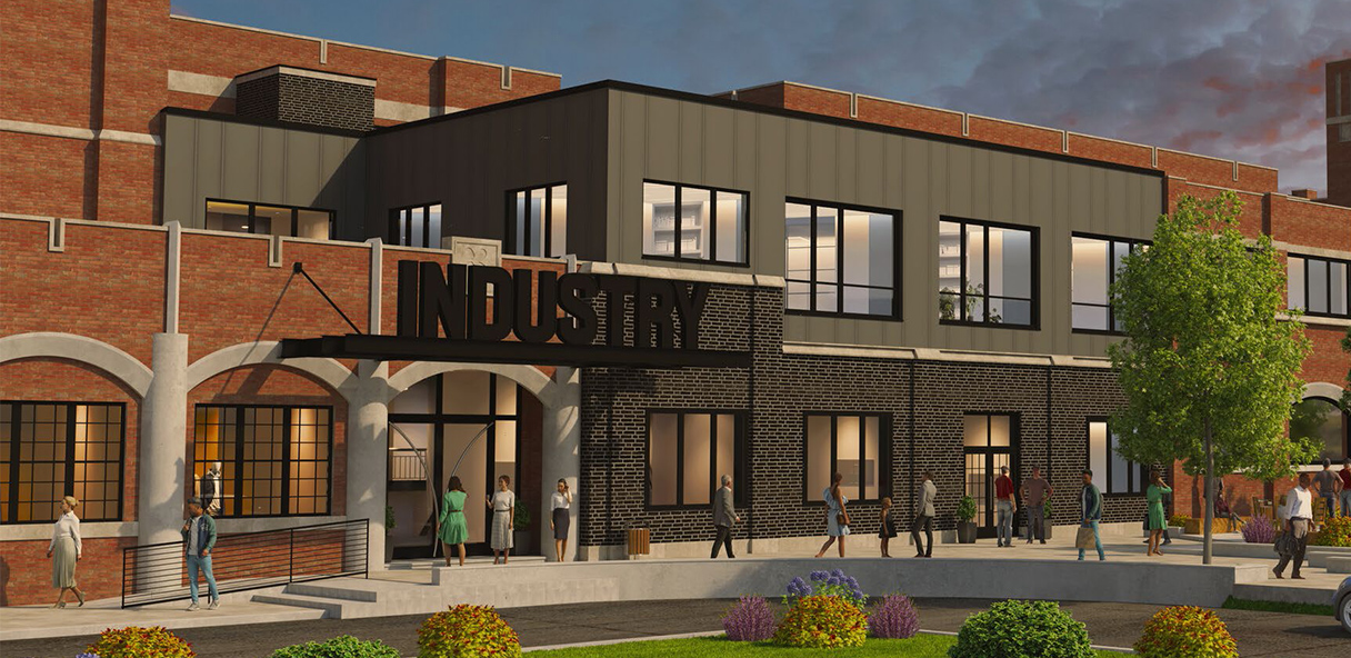 Rendering of brick and dark brown building with INDUSTRY sign.